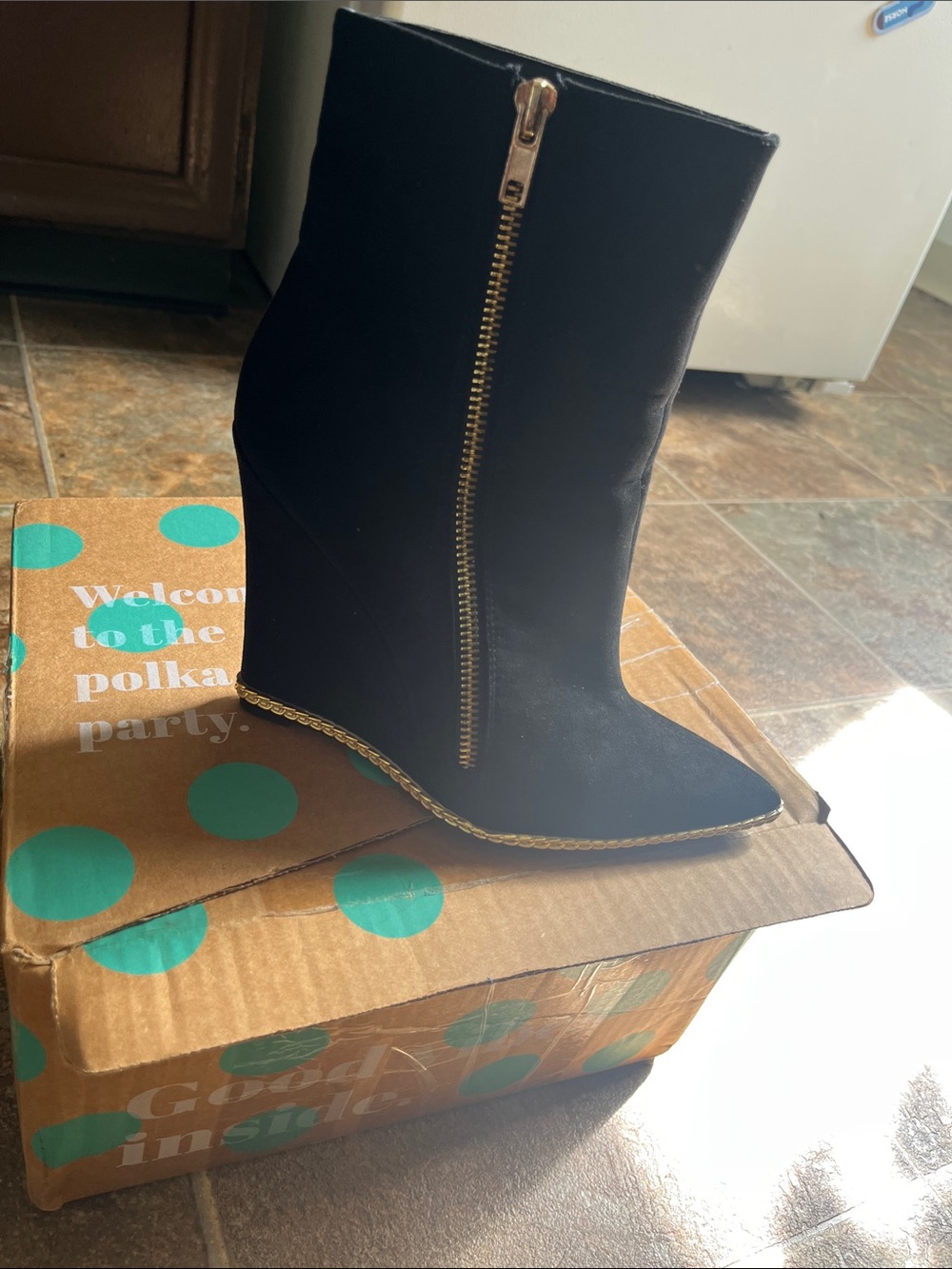 Black Women's Wedge Ankle Boot with Gold Trim